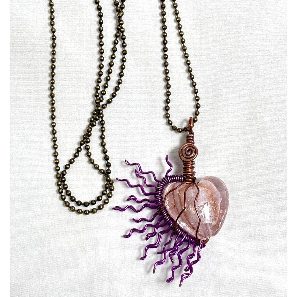 Wire Wrap Glass Puffy Heart Pendant Necklace Sunburst Antiqued Ball Bead Chain